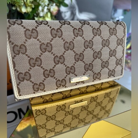 🇮🇹 GUCCI Monogram Metal Bar Continental Flap Wallet Off White Almost Nee 🇮🇹 - Picture 3 of 14